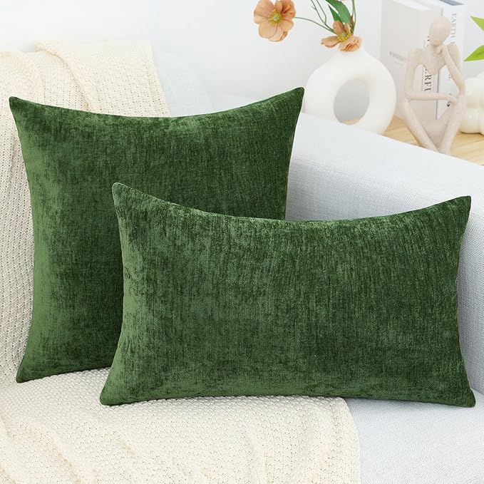decorUhome Chenille Moss Green Throw Pillow Covers 24x24 Inch Set of 2, Decorative Soft Couch Pillow Covers Solid Dyed Accent Farmhouse Neutral Square Pillow Cases for Sofa