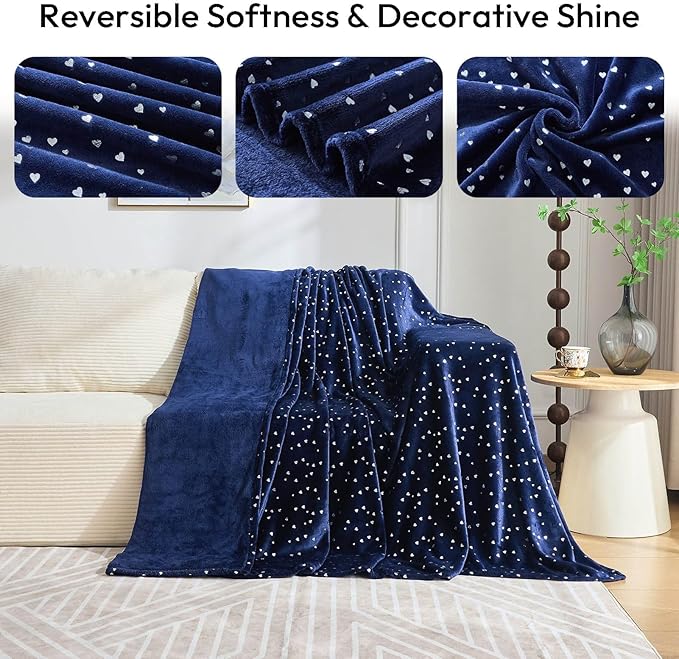 NANPIPER Fleece Blanket Heart Foil Print, Queen Size Soft Thick Microfiber, All Season Warm Lightweight Throw for Couch/Bed, 90"x90" Navy Blue