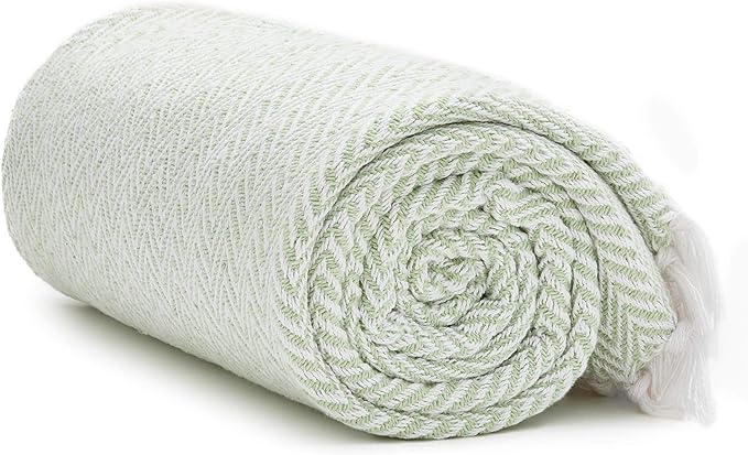 Americanflat 50x60 Throw Blanket - Soft and Breathable Cotton Throw Blanket for Couch, Bed, Chair - Decorative Blankets Perfect for Home or Outdoor Use - Light Green and White Herringbone Design