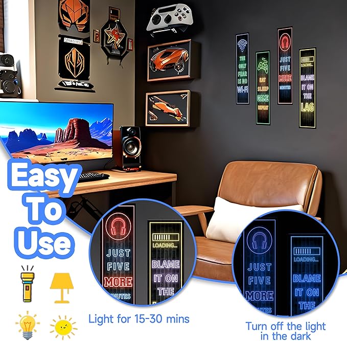 Eat Sleep Game Wall Decals Glow in The Dark, Gamer Controller Stickers Decor for Boy Bedroom, Joystick Video Gaming Kids Playroom Nursery Decoration (Blue)