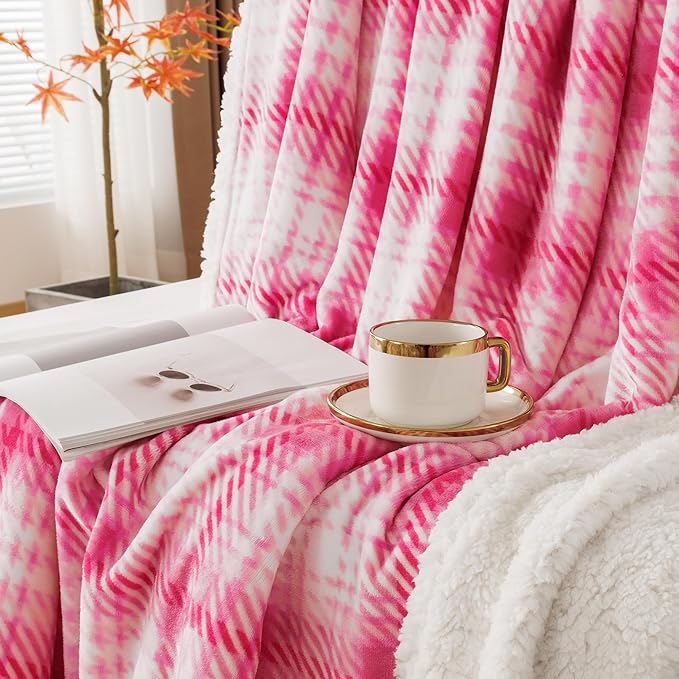 Touchat Sherpa Plaid Throw Blanket, 60" X 70" Fuzzy Fluffy Cozy Soft Blanket, Fleece Flannel Plush Twin Size Microfiber Blanket for Couch Bed Sofa, White&Pink