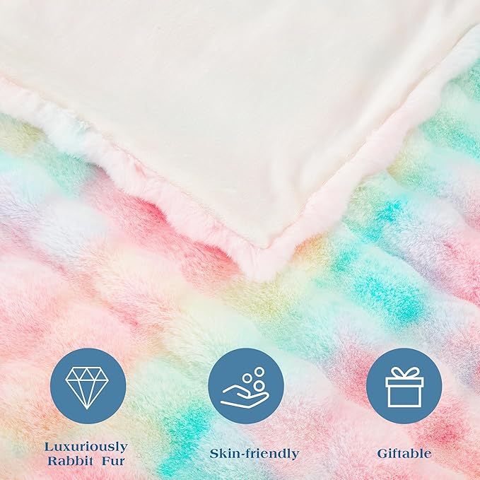 JONIYEAR Decorative Colorful Fluffy Bubble Faux Rabbit Fur Blanket Twin Size 60" x 70",Oversized Thick Warm Fuzzy Blanket for Winter,Luxe Pastel Cute Shaggy Cozy Furry Blankets for Women Girl, Rainbow