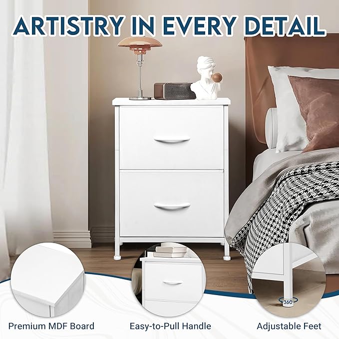 LOFTEY White Nightstand, Bedside Table with 2 Fabric Drawers, Small Kids Night Stand for Bedroom, Bed Side Table with Storage, 15.7" L x 11.8" W x 21" H