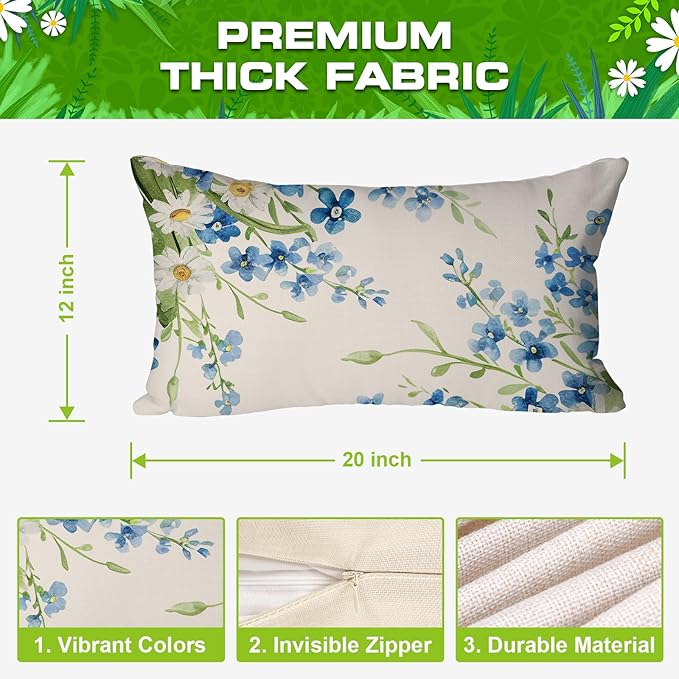 Spring Pillow Covers 12x20 Inch Set of 4 Home Sweet Home Daisy Floral Blue Throw Pillows Decorative Pillow Cases Summer Seasonal Farmhouse Decorations for Sofa Couch