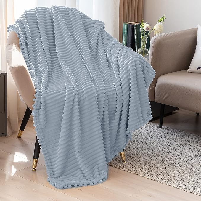 DISSA Fleece Blanket Queen Size – 90x90, Grey – Soft, Plush, Fluffy, Fuzzy, Warm, Cozy – Perfect Throw for Couch, Bed, Sofa - with Pompom Fringe - Flannel Blanket
