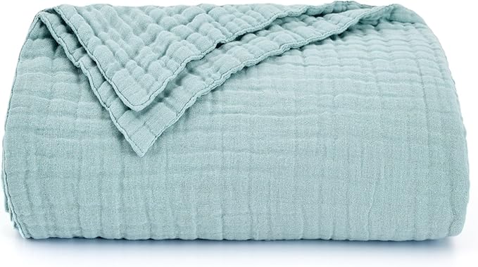 Love's cabin 100% Cotton Muslin Blanket, 6 Layer Lightweight Breathable Gauze King Size Blanket 108 x 90 Inches, Soft Summer Blanket for Bed, Cyan