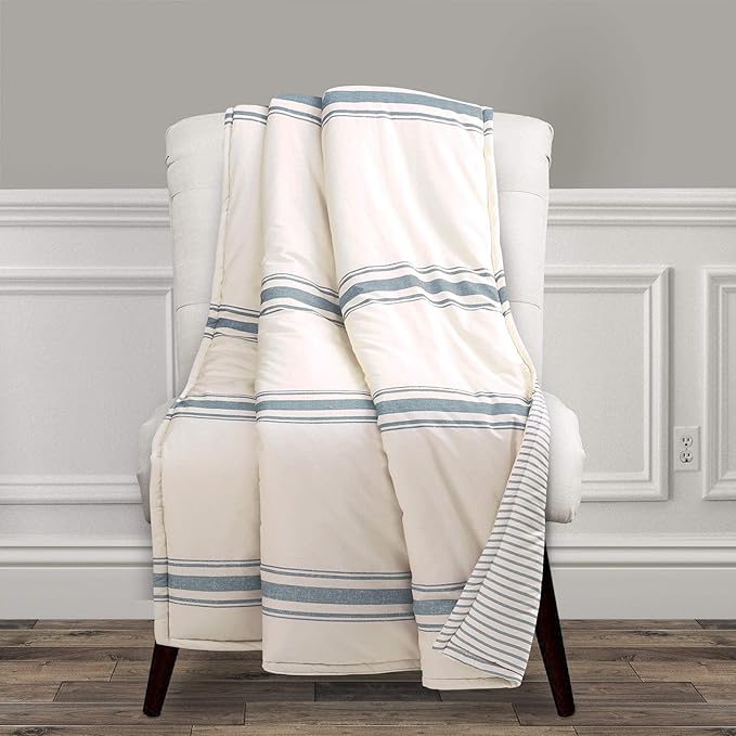 Lush Decor Farmhouse Stripe Reversible Throw, Single, 50" W x 60" L, Blue - Blue Throw Blanket For Bed - Soft Blanket - Couch Throw - Rustic Farmhouse Decor