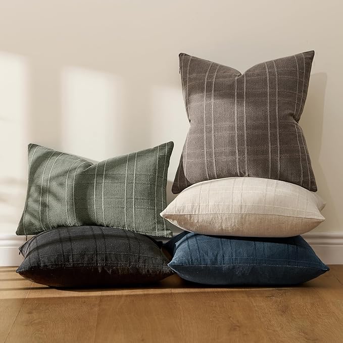 MIULEE Decorative Linen Check Throw Pillow Covers Neutral Farmhouse Vintage Pillow Covers 18x18 Set of 2 Boho Modern Winter Home Decor for Sofa Couch Bedroom Cushion Brown