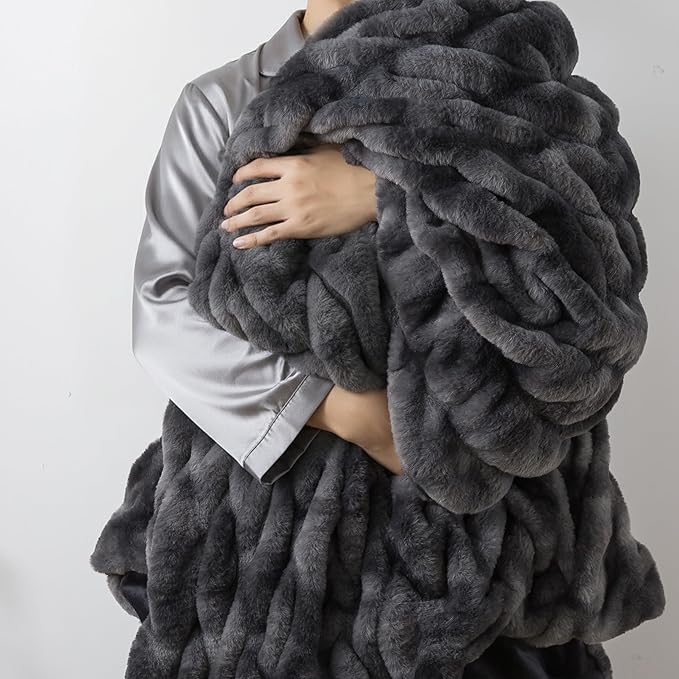 WDCOZY Ruched Faux Fur Throw Blanket Soft Cozy Fluffy Luxurious Blankets Couch Bed Sofa Chair Home Decor Warm Furry Fall Winter Plush Rabbit Fur Bubble Blanket 60" x 80", Charcoal Gray Dark Grey