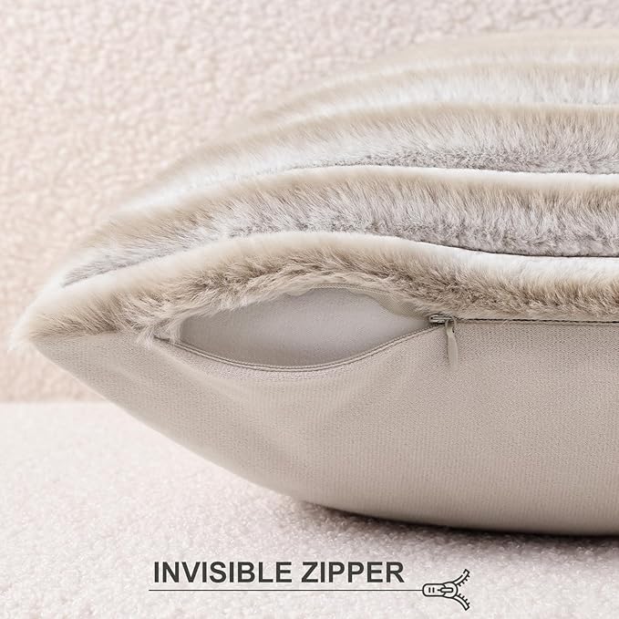 Pallene Faux Fur Plush Throw Pillow Covers 20x20 Set of 2, Luxury Soft Fluffy Striped Decorative Pillow Covers for Sofa, Couch, Living Room, Ombre Beige