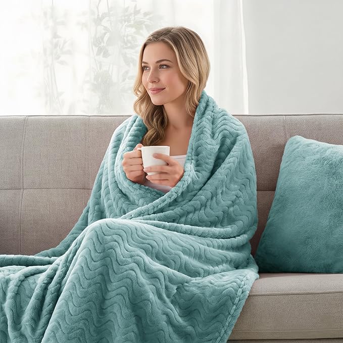 Exclusivo Mezcla King Blanket for Bed, Cozy Lightweight Fleece Blankets for All Season, Decorative Giftable Fuzzy Plush Wave Textured Suitable for Women, Men, Celadon, 90x104 Inches