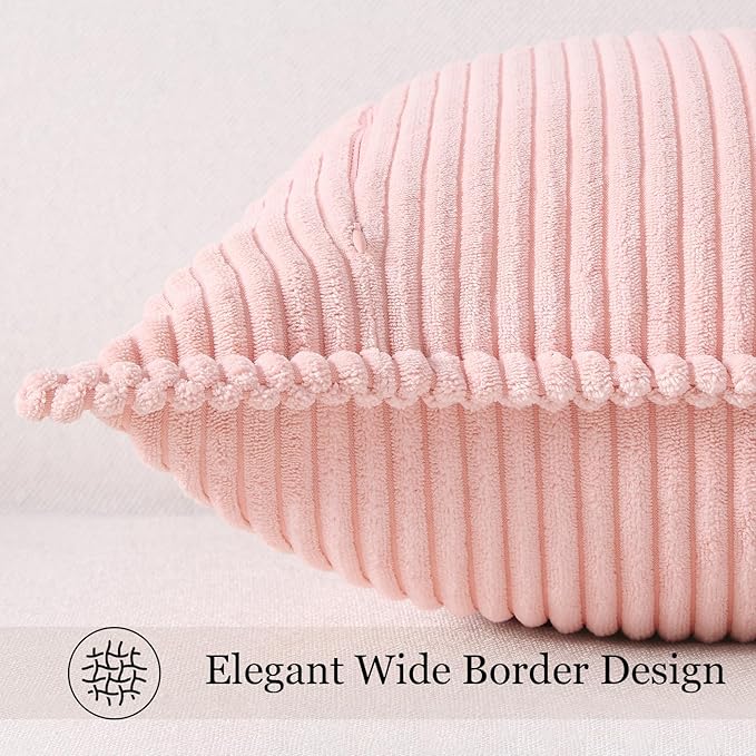 Mecatny Corduroy Spring Throw Pillow Covers 18x18 Set of 2, Neutral Decorative Soft Boho Couch Pillow Covers with Broadside for Sofa Living Room, Pink