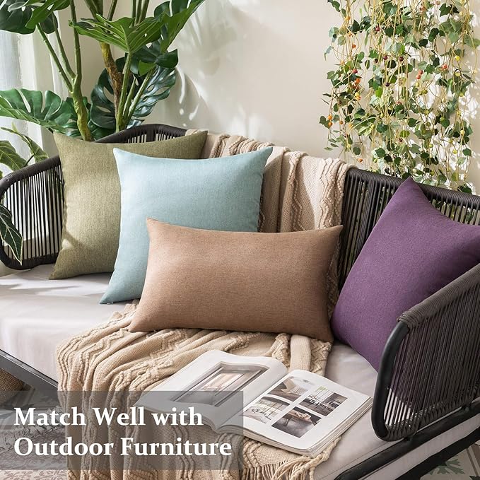 MIULEE Pack of 2 Decorative Outdoor Solid Waterproof Throw Pillow Covers Faux Linen Garden Farmhouse Cushion Cases for Patio Tent Balcony Couch Sofa 18x18 Inch Dark Green