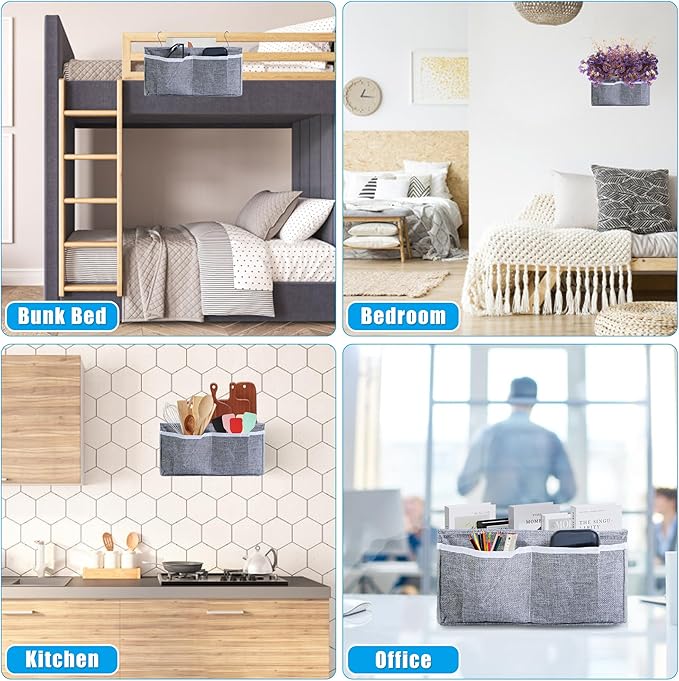 Bedside Caddy Bedside Storage Organizer, 2 Pack Wall Hanging Storage Bag for Bunk bed Hospital Beds Dorm Bed Rails, Holders Books Glasses Phones Magazine(Grey)