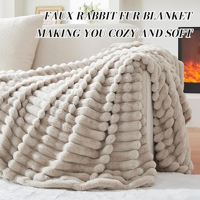 Lotus Karen Faux Fur Twin Blanket for Couch, Cozy Soft Fluffy Fuzzy Linen Blanket, Striped Warm Thick Furry Plush Shaggy Small Blankets for Women, 60x80 Inches