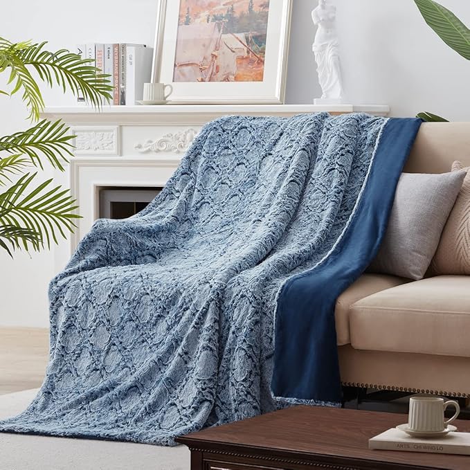 KAWAHOME Faux Fur King Size Blanket for Bed, Ultra Soft Warm Fluffy Blanket for Couch, Plush Fuzzy Bedding, Cozy Luxury Quatrefoil Pattern Bedroom Decor Gifts, 108" X 90" Blue