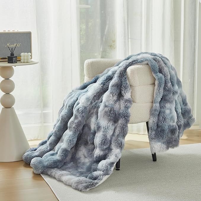 Faux Fur Throw Blanket for Couch Cozy Fuzzy Soft Plush Thick Fluffy Fleece Bubble Blanket for Sofa Bedroom Living Room, 51x63 Inches Tie-Dye Silver Gray
