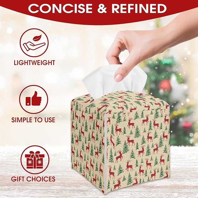 Christmas Trees Reindeer Leather Tissue Box Cover Holder, Tissue Box Cover Square, Ideas for Family Friends, Bathroom Kitchen Car Office Home Table Decor(5.2 Inches)-B13