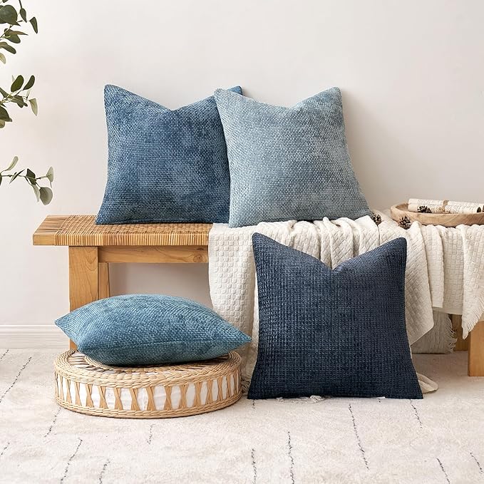MIULEE Pack of 2 Coastal Blue Euro Sham Pillow Covers 24x24 Inch Summer Modern Boho Accent Decorative Throw Pillow Covers Chenille Farmhouse Cushion Covers for Home Decor Couch Bed Sofa Living Room