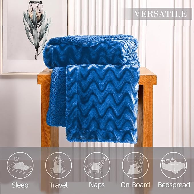 Whale Flotilla Faux Fur Sherpa Throw Blanket for Couch Sofa, Cozy Reversible Fuzzy Fluffy Plush Throws for All Season, Warm and Soft, 50x60 Inch, Royal Blue