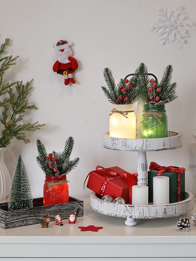 Christmas Mason Jars, Christmas Centerpiece for Table, Set of 3 Colorful Mason Jars with Lights & Artificial Plants, Kitchen Xmas Dining Table Decoration, Winter Home Decor