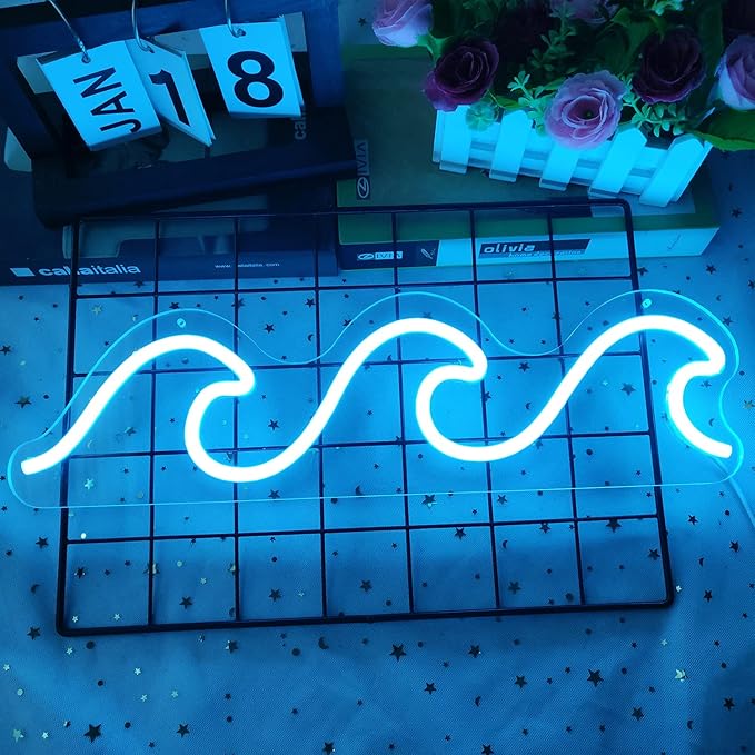 Wave Neon Signs for Bedroom Ice Blue Dimmable Wave Neon Light Art Wall Decor Wave Neon Signs for Wall Decor Living Room Bedroom Office Bar Birthday Party Christmas(16.5 X 5.1 Inch)