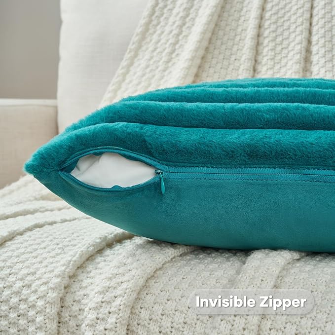 FUTEI Teal Green Decorative Throw Pillow Covers Set of 2, 28x28 Inch Soft Fluffy Faux Fur Plush Striped Euro Pillow Shams, Modern Home Decor for Couch Bed Living Room