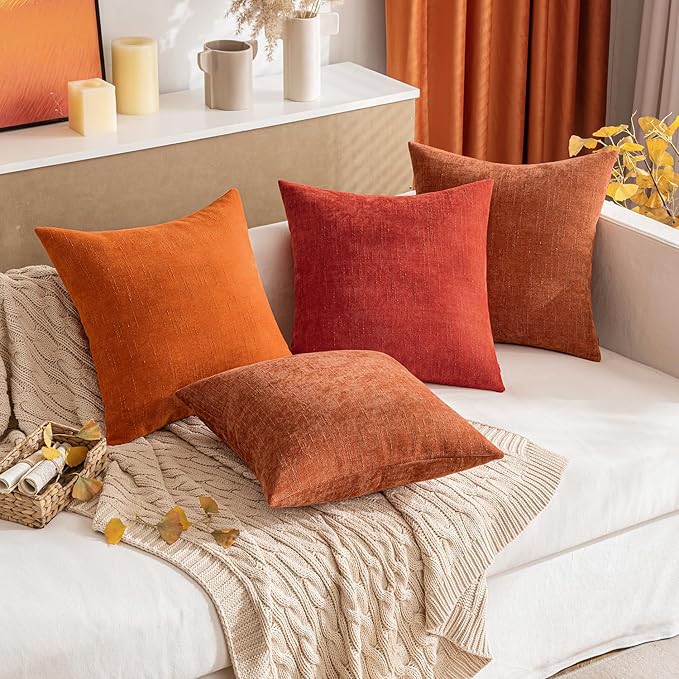 MIULEE Pack of 2 Decorative Throw Pillow Covers Soft Chenille Throw Pillows Solid Textured Euro Cushion Covers for Couch Sofa Bedroom Living Room 22x22 Inch, Dark Rust