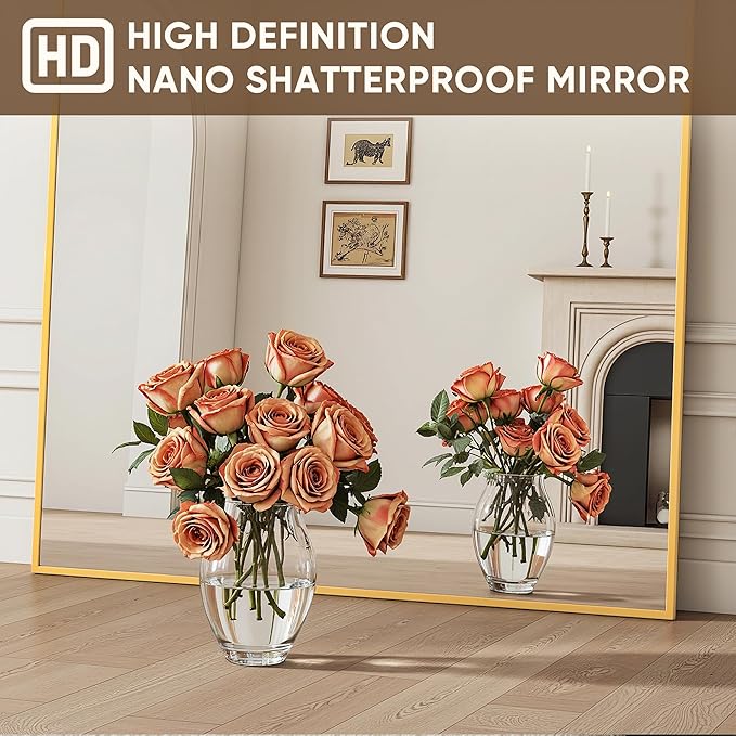 Antok Full Length Mirror, 58"x18" Floor Mirror with Stand, Hanging Mounted Mirrors for Bedroom, Living Room, Cloakroom, Dining Room, Gold, Rect