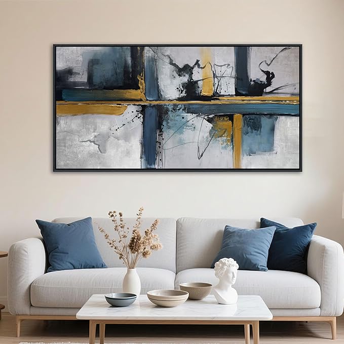 Abstract Canvas Wall Art Framed Modern Wall Art for Living Room Navy Blue Artwork for Walls, Above Bed Wall Decor With Navy and Gold for Bedroom and Living Room Office Pictures Wall Decor 24×48IN