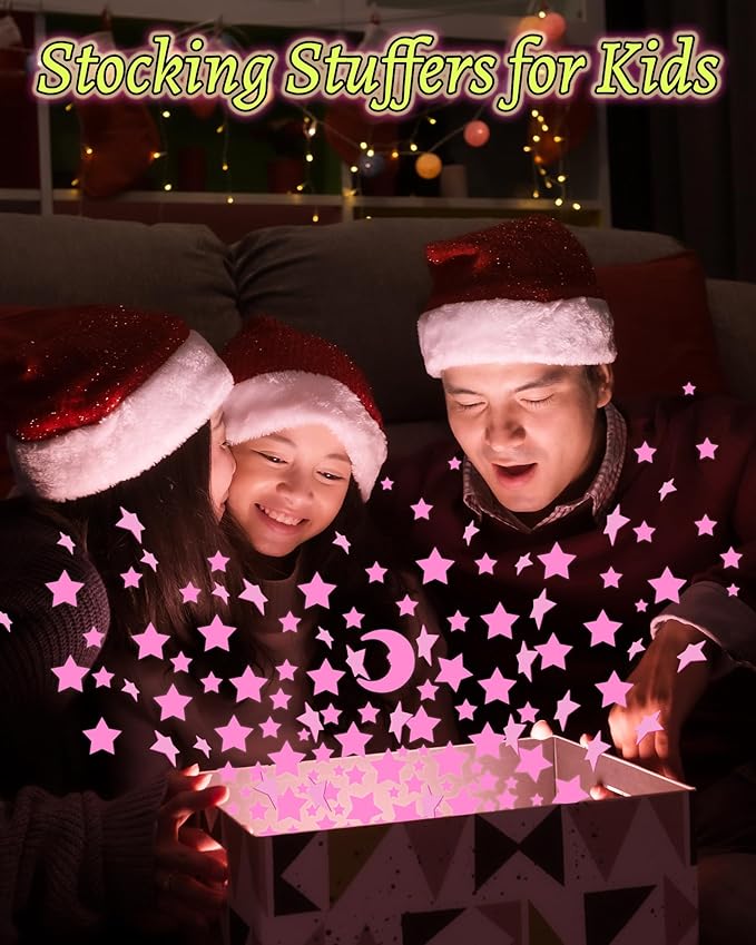 Greingways 201 Pcs Glow in The Dark Stars Stickers for Ceiling Bedroom, Stocking Stuffers for Kids Ages 3-5, 4-8, 8-12, Boys Girls Room Decor Wall Stickers Stocking Stuffers for Toddler-Pink