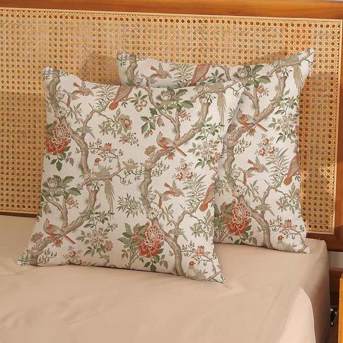Chinoiserie Pillow Covers 18x18 Set of 2 Orange Green Bird Floral Throw Pillows Vintage Flowers Decorations Outdoor Pillowcase Chinoiserie Decor Farmhouse Linen Cushion Case for Couch Home