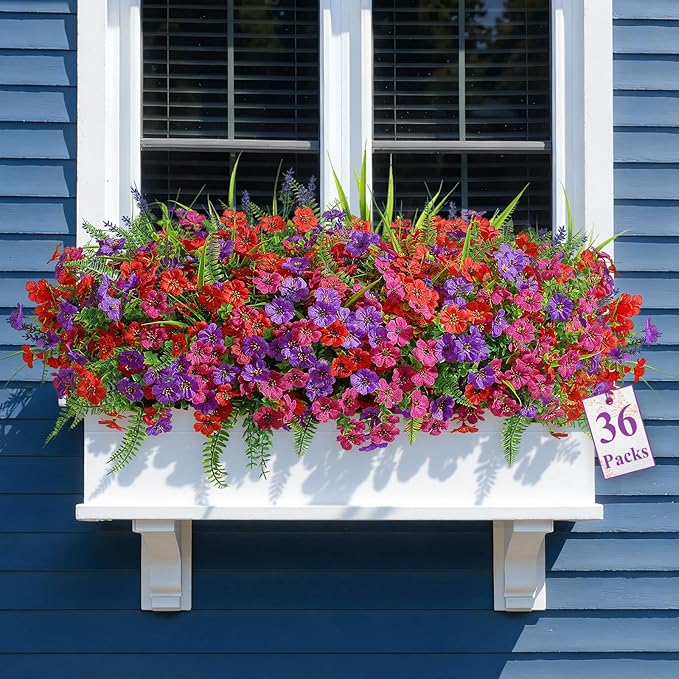 Alupssuc 36 Bundles Artificial Flowers for Outdoors Spring Planters Decoration, UV Resistant Faux Eucalyptus Violet and Lavender Silk Fake Plants for Outside Indoor Yard Home Patio Decor, Mix 3 Colors