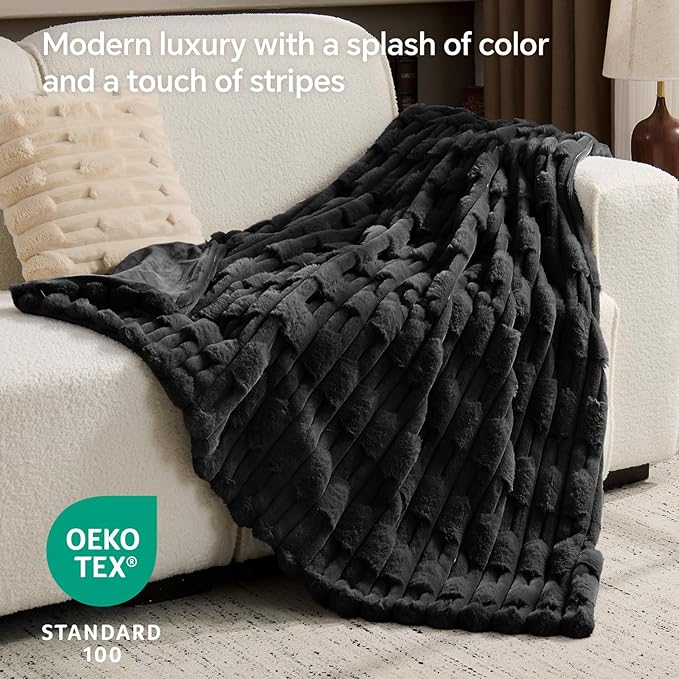 BEDELITE Faux Fur Black Throw Blanket for Couch - Super Soft & Cozy Plush Striped Blanket for Sofa and Room Decor, Luxury Fluffy All-Season Blankets Gift for Women, Men, Mom, Dad, 50x60 inch, Black