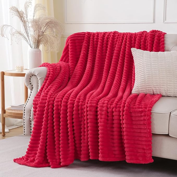 Cherry Red Throw Blanket for Couch Sofa 60x80 inches Striped Fleece Blankets Room Home Decor Lightweight Plush Soft Cozy Gifts for Women Mom Girls
