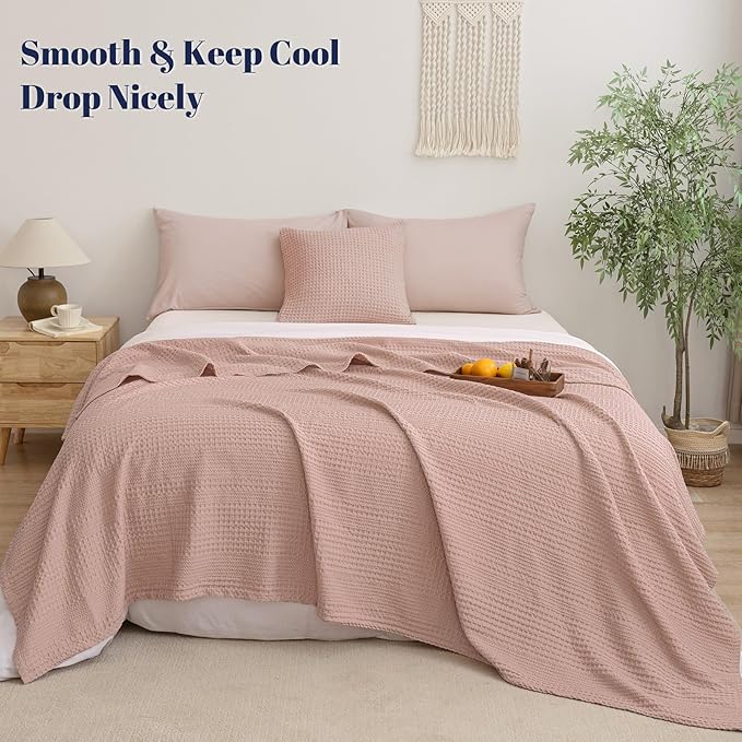 PHF Lightweight Waffle Weave Blanket Queen Size, Breathable & Ultra Soft, 90"x 90" Soft & Cozy Thin Blanket for All Season & Hot Sleepers, Bed, Home Decor - Rose Pink