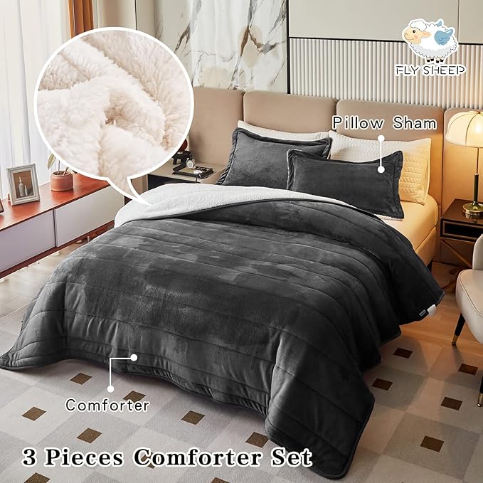3-Layer Luxury Flannel Fleece Thick Bed Blanket Twin Size, Soft Plush Velvet Sherpa Blanket with 2 Pillow Shams Heavy Warm for Winter, Breathable n Washable, Dark Gray
