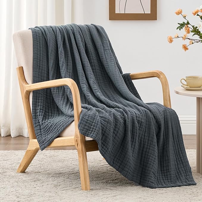 Love's cabin 100% Cotton Muslin Blanket, 6 Layer Lightweight Breathable Gauze Twin Size Blanket 60 x 80 Inches, Soft Summer Blanket for Bed or Couch, Dark Grey