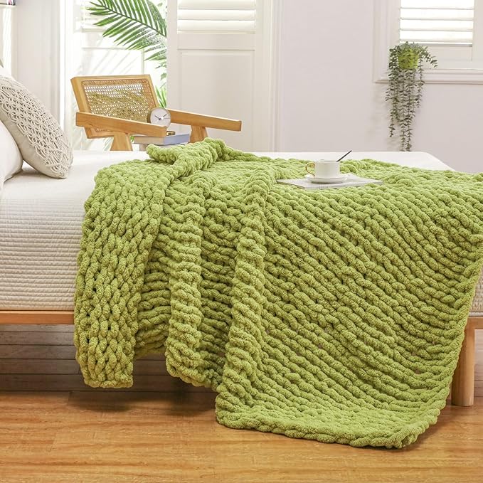 WESHIONGOO Chunky Knit Blanket Throw 51"×63" Knitted Throw Blankets for Couch Bed Fluffy Soft Blanket with Jumbo Chenille Yarn Thick 100% Handmade (Lime Green)
