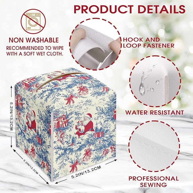 Blue Chinoiserie Tissue Box Cover Leather, Christmas Santa Claus Tissue Box Cover Square, Xmas Gift Ideas for Family Friends, Bathroom Kitchen Car Office Home Table Decor(5.2 Inches)-B16
