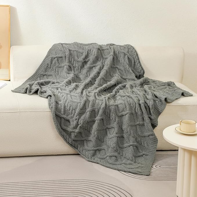 bearberry Plush Fleece Blanket Ultra Cozy & Warm Cable Knit - Machine Washable Throw for Living Room, Bedroom, Office | Lightweight Fuzzy Blanket for Adults, Kids, Pets (Grey, 50”x60”)