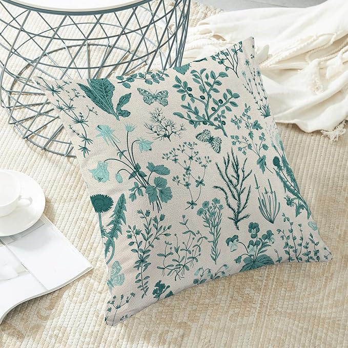 AEIOAE Summer Pillow Covers 20x20 Inch Set of 2,Teal Green Wild Flower Plant Throw Pillows Case,Seasonal Floral Outdoor Decorative Square Linen Farmhouse Decor Cushion Covers for Home Sofa Bed Couch