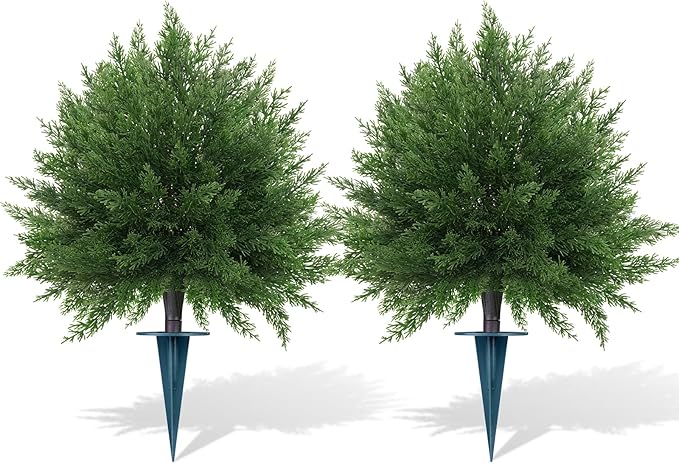 Artificial CedarTopiary Bushes for Outdoors with Spike, Set of 2 Cypress Topiary Trees with UV Resistant, Outdoors Fake Shrubs Faux Plants for Front Porch Indoor Outdoor Decor
