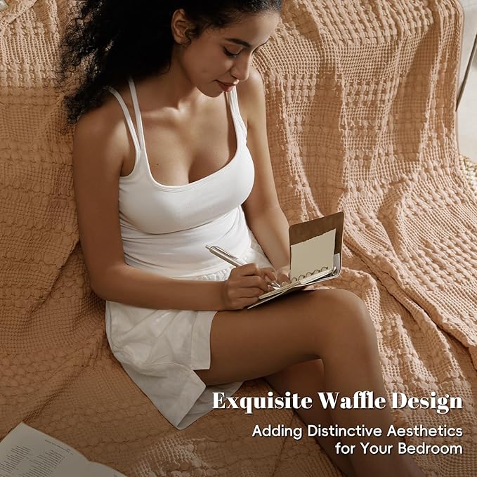 PHF 100% Cotton Waffle Weave Blanket Queen Size for Bed, Soft Lightweight & Breathable for Spring and Summer, All-Season Comfort, Luxury Aesthetic Blanket for Home Decor, 90"x90", Clay