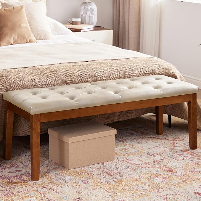 Ottoman Bench Upholstered Padded Seat with Solid Wood Legs and Button-Tufted, Big Oversized Ottoman, Faux Leather Sand Grey