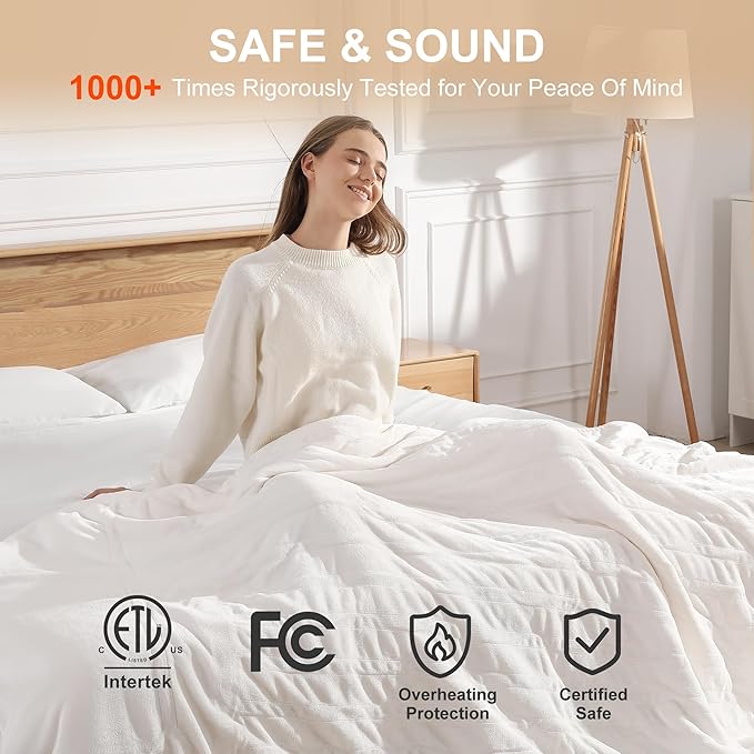 King Size Heated Blanket Dual Control Heated Blanket - Soft Silky Plush Electric Blanket with 5 Heating Level & 10 Hour Auto Off, ETL Certified & Machine Washable, for Grandma Gifts(Cream White)