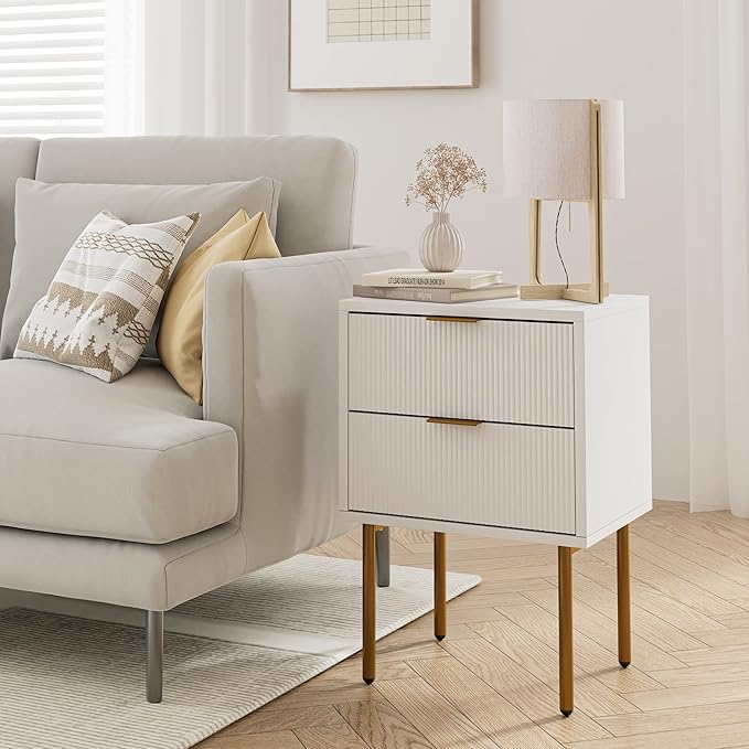 Masupu Nightstand,Mid-Century Modern Bedside Table with 2 Storage Drawer,Small Gold Frame Side End Table for Bedroom,Living Room, White