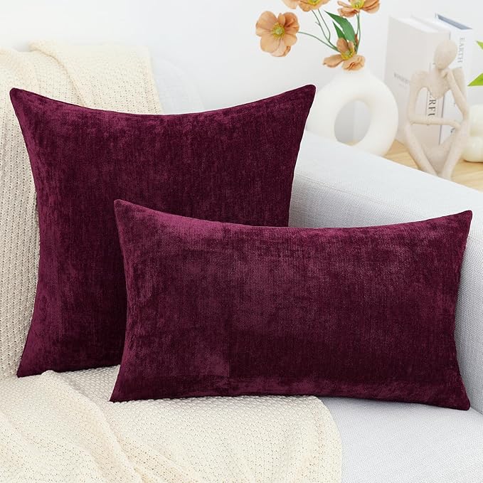 decorUhome Chenille Burgundy Throw Pillow Covers 16x16 Inch Set of 2, Decorative Soft Couch Pillow Covers Solid Dyed Accent Farmhouse Neutral Square Pillow Cases for Sofa