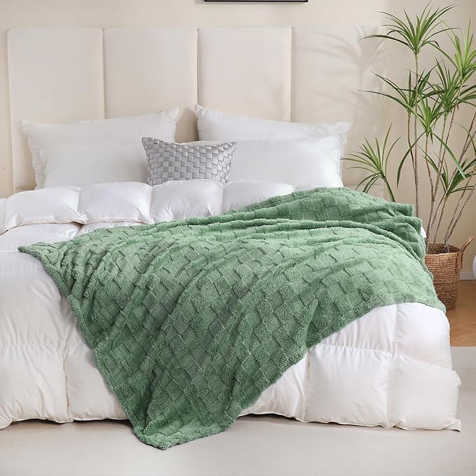 Sage Green Fleece Throw Blanket 60”×80” for Couch Sofa Bed,Super Soft Cozy Plush Microfiber Flannel Blanket with 3D Checkered Design Lightweight for Adults,Woman,Girls