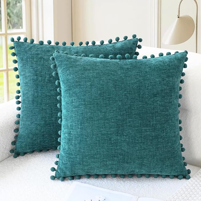 CaliTime Throw Pillow Covers Decorative 20 X 20 Inches Pack of 2 Cozy Solid Dyed Soft Chenille Cushion Cases with Pom Poms for Couch Sofa Bed Living Room Home Teal